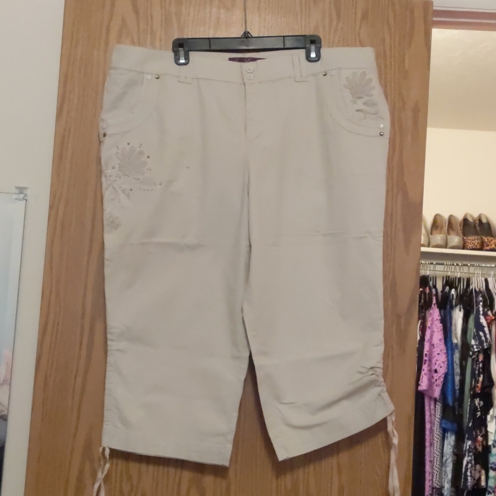 Gloria Vanderbilt tan capris with embroidery